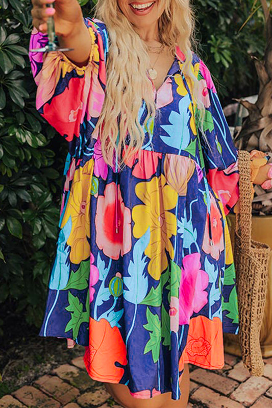 Colorful Floral V Neck Balloon Sleeve Plus Size Babydoll Dress