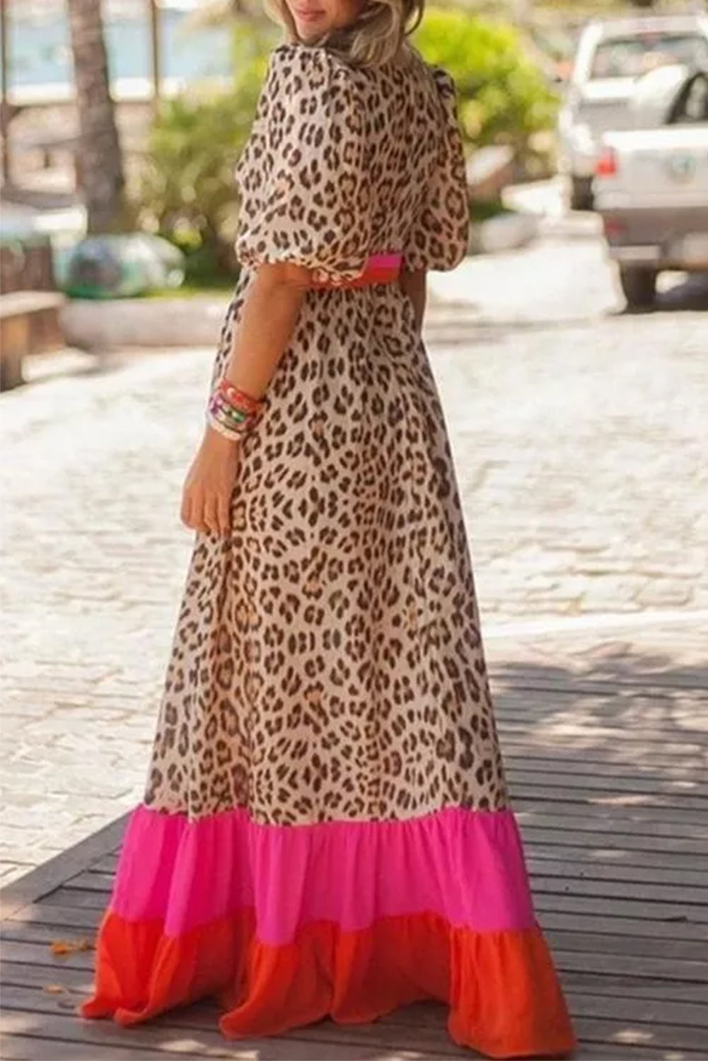 Bright Pink V-neck Leopard Print Colorblock Maxi Dress