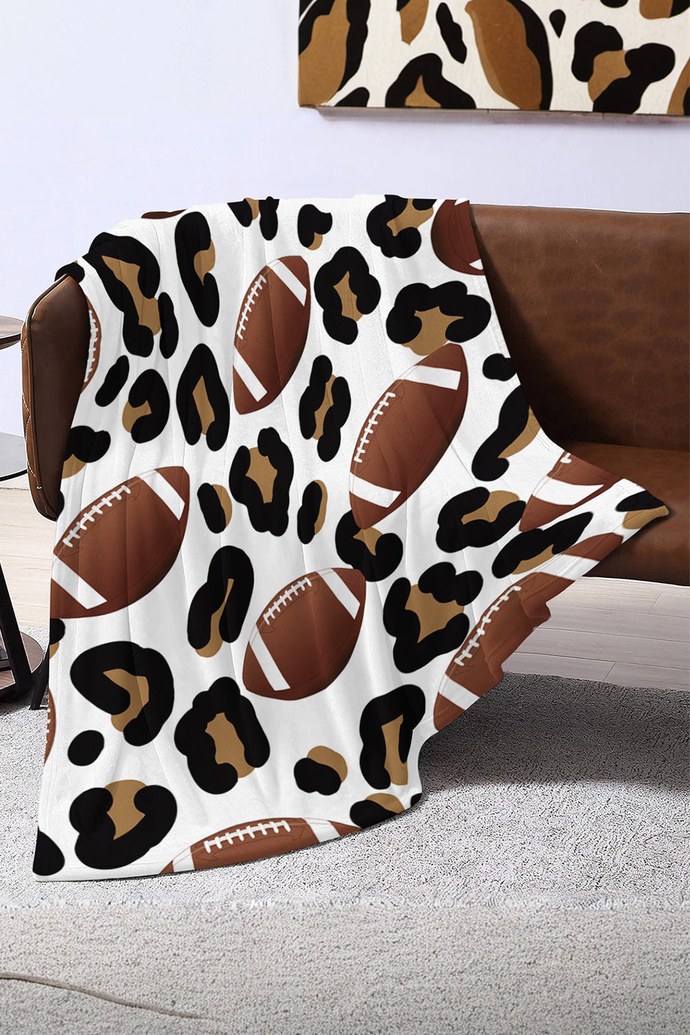 White Leopard & Rugby Print Flannel Blanket 130*150cm