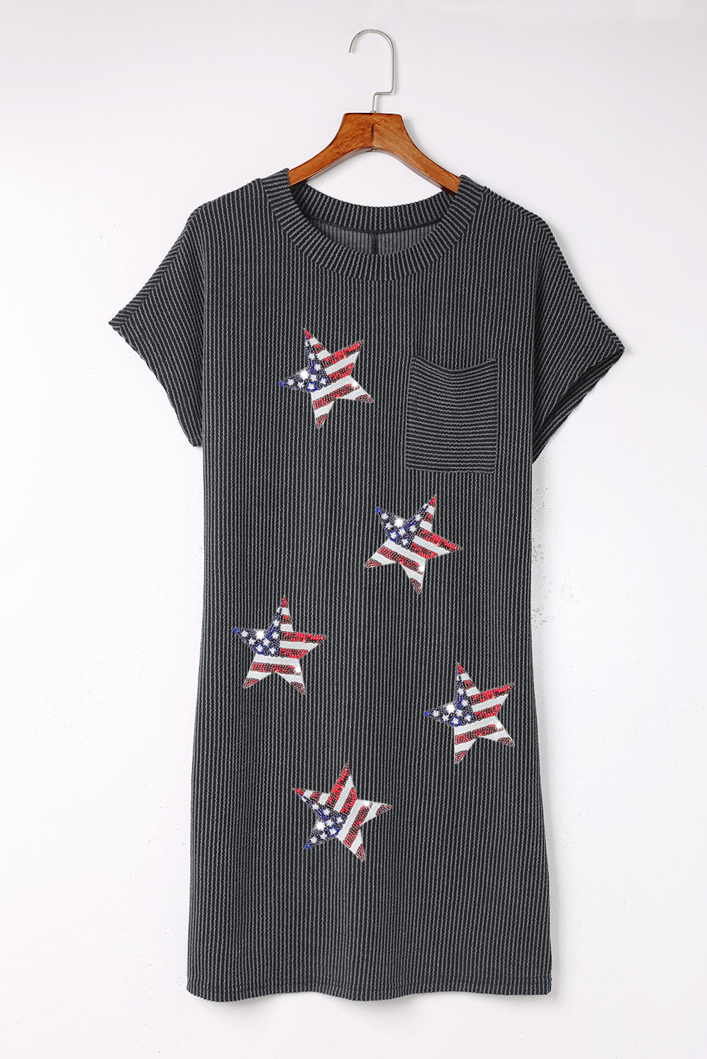 Gray Ribbed Sequin Flag Stars Graphic Pocket T Shirt Dress