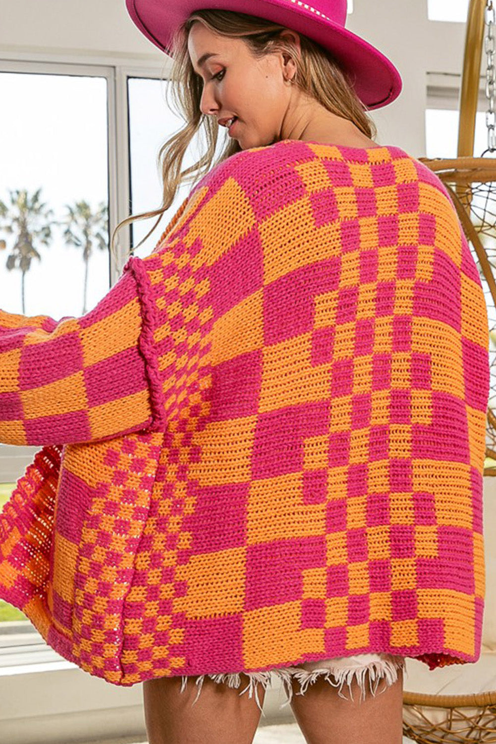 Colorblock Checked Open Front Knitted Cardigan
