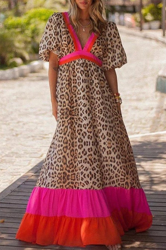 Bright Pink V-neck Leopard Print Colorblock Maxi Dress