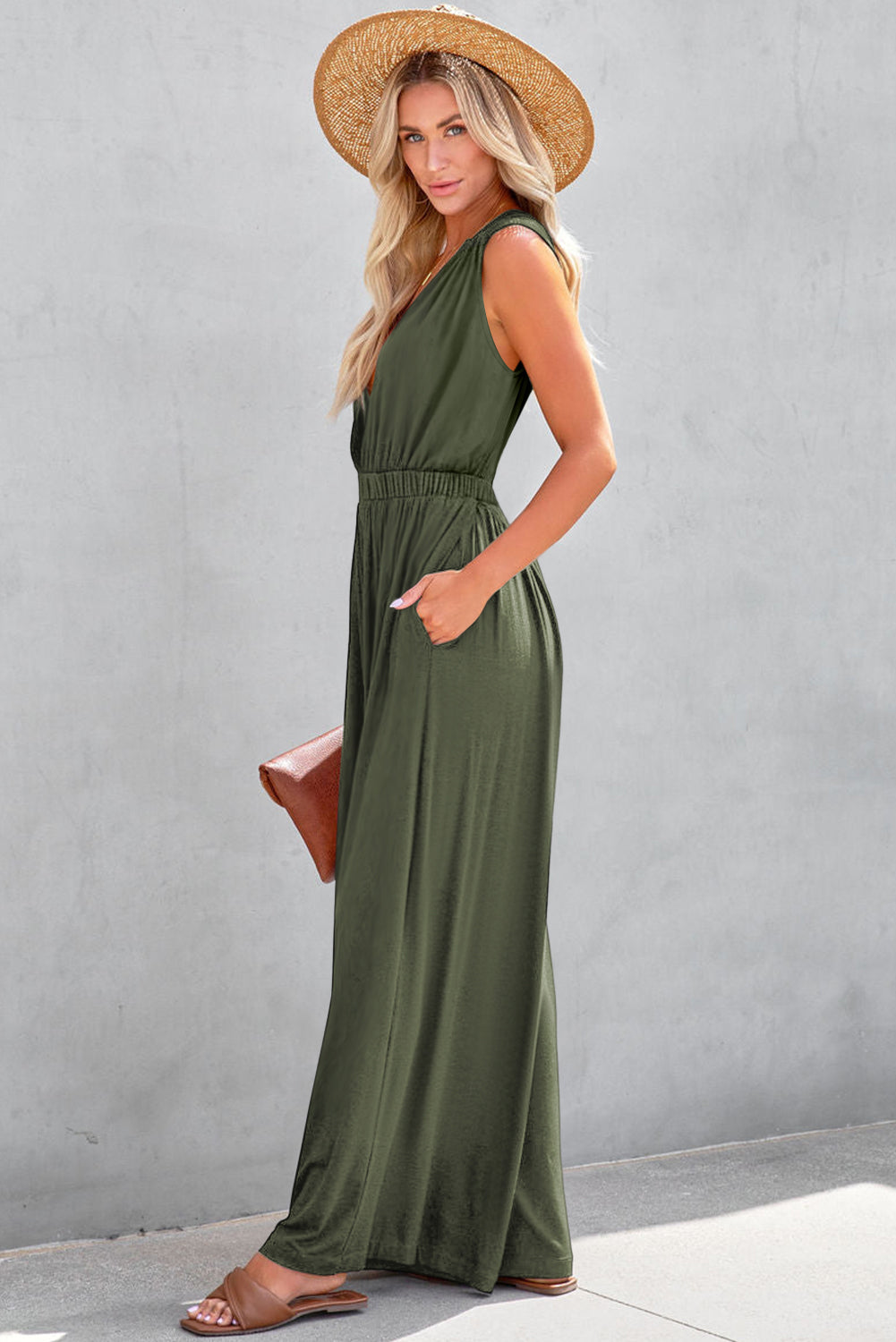 Jungle Green Deep V Pocketed Pleated Wide Leg Jumpsuit