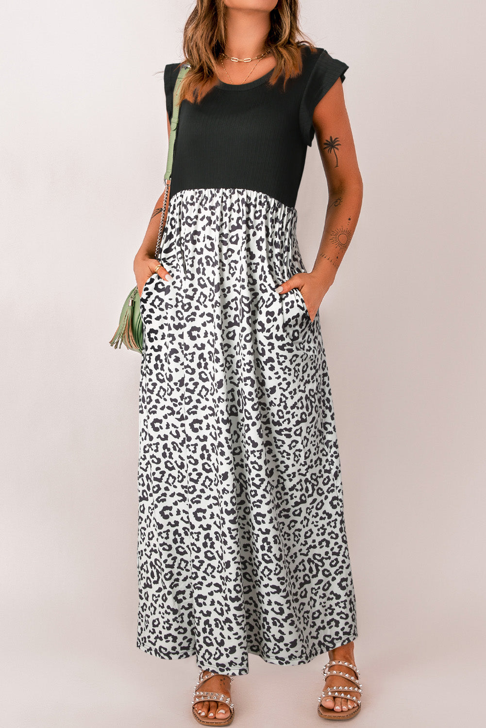 Black Leopard Print Casual Cap Sleeve Pocket Dress