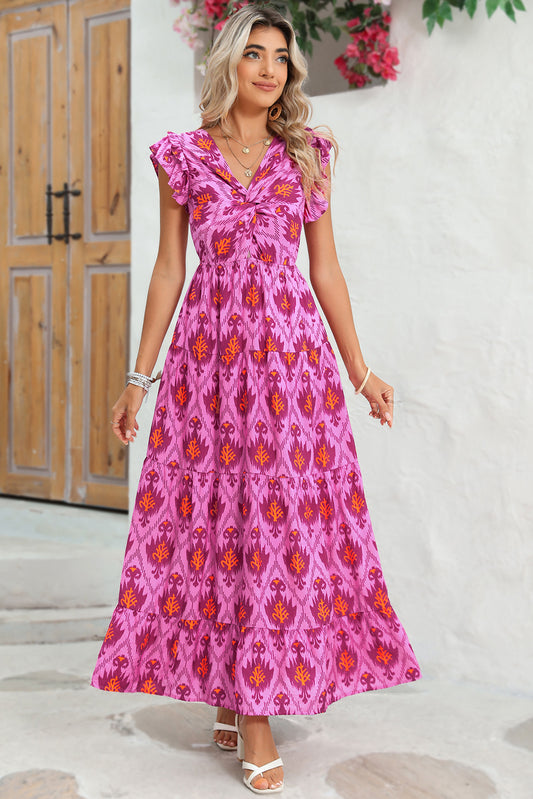 Bonbon Boho Abstract Print Ruffle Tiered Maxi Dress