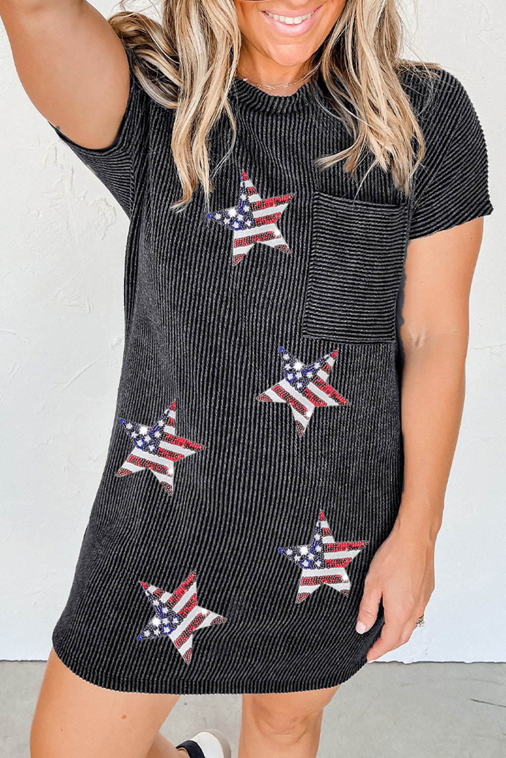 Gray Ribbed Sequin Flag Stars Graphic Pocket T Shirt Dress