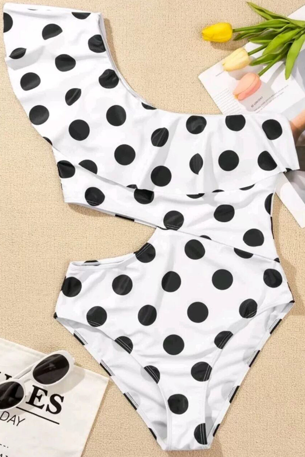 White Polka Dot Ruffled One Shoulder One Piece Swimwear