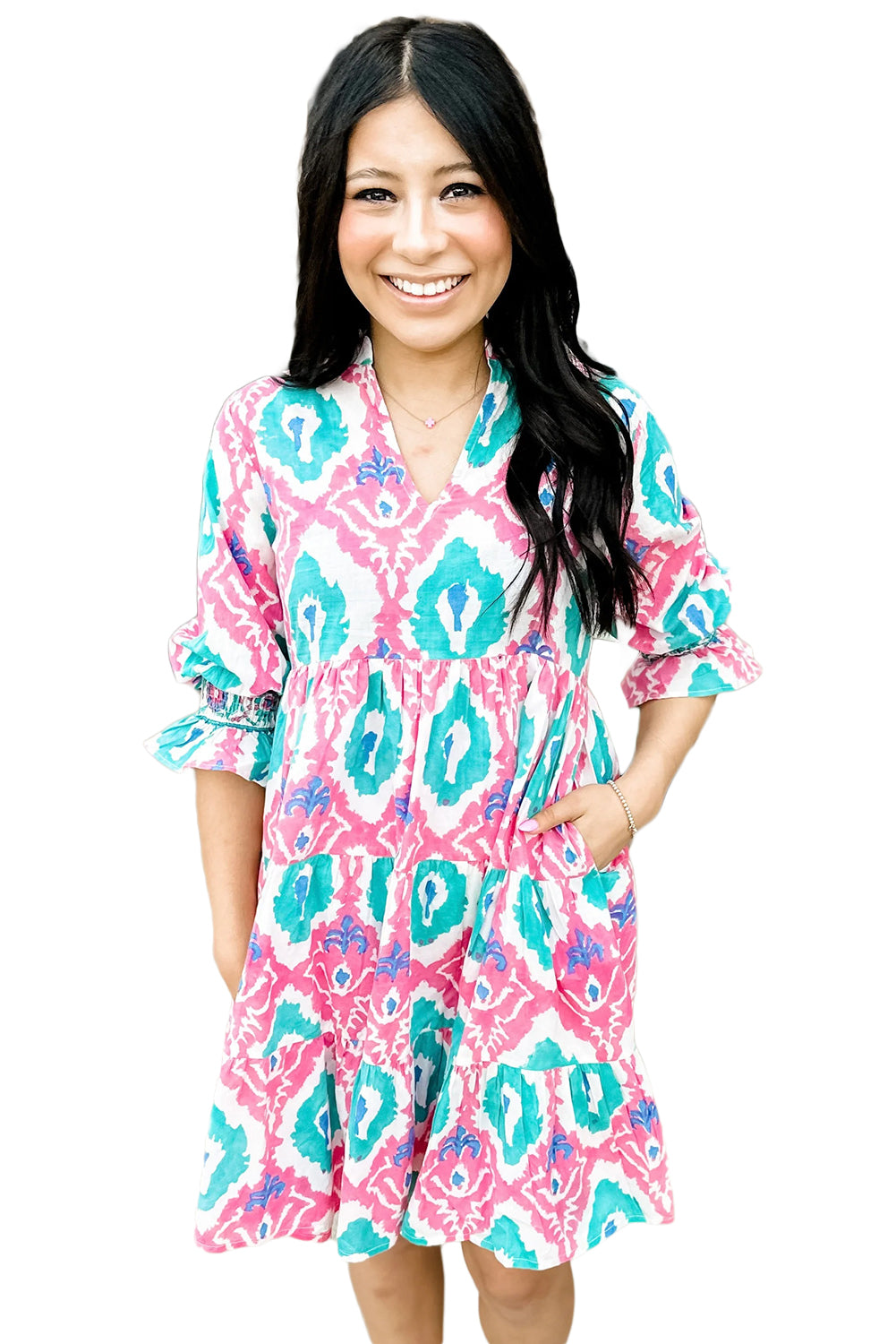 Multicolour Boho Abstract Smocked Sleeve Tiered Dress