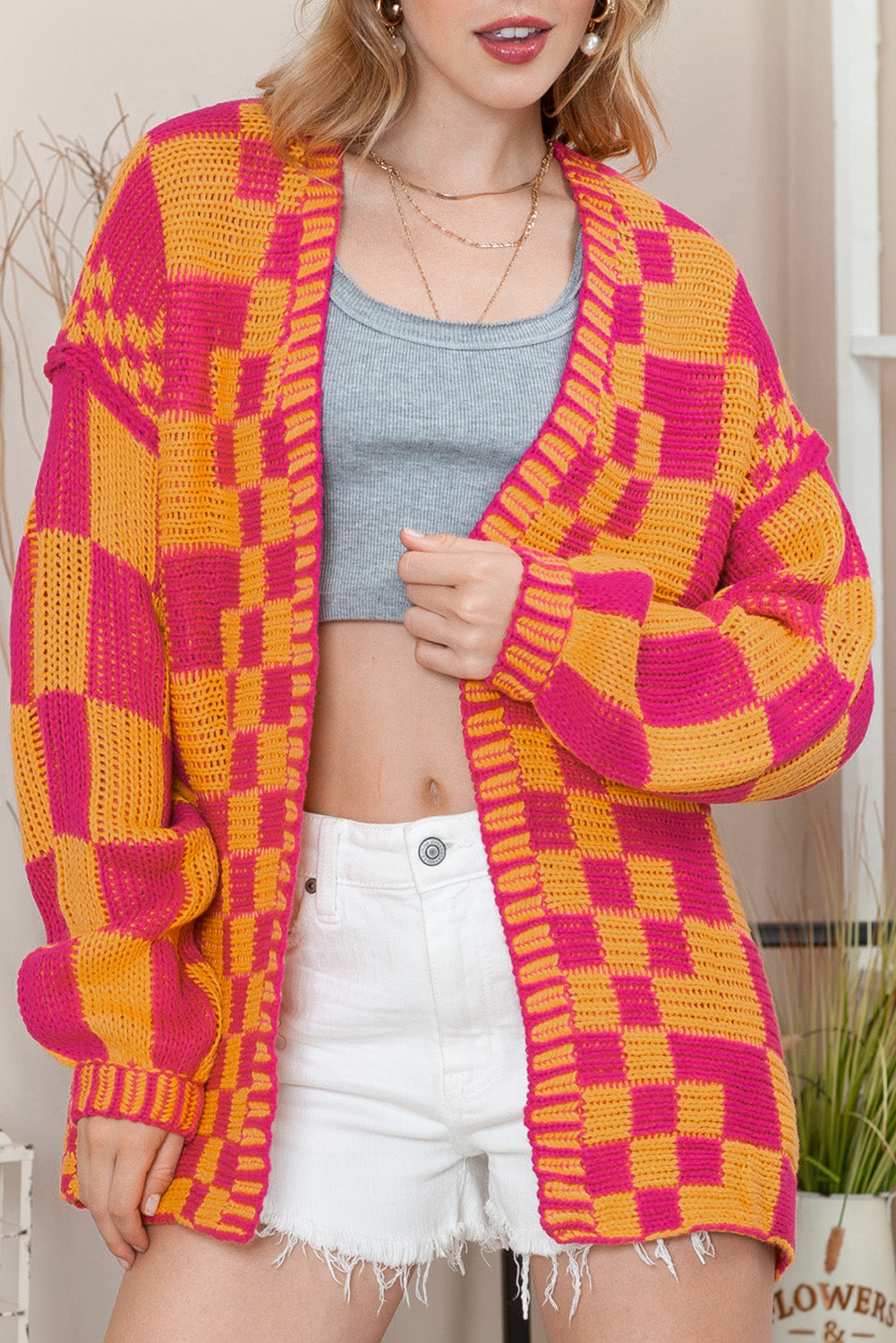 Colorblock Checked Open Front Knitted Cardigan