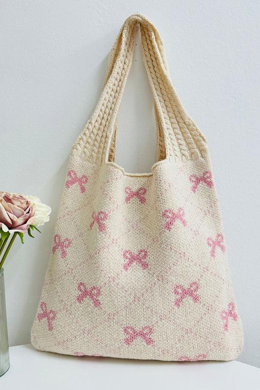 Beige Sweet Bowknot Print Textured Knitting Strap Shoulder Bag
