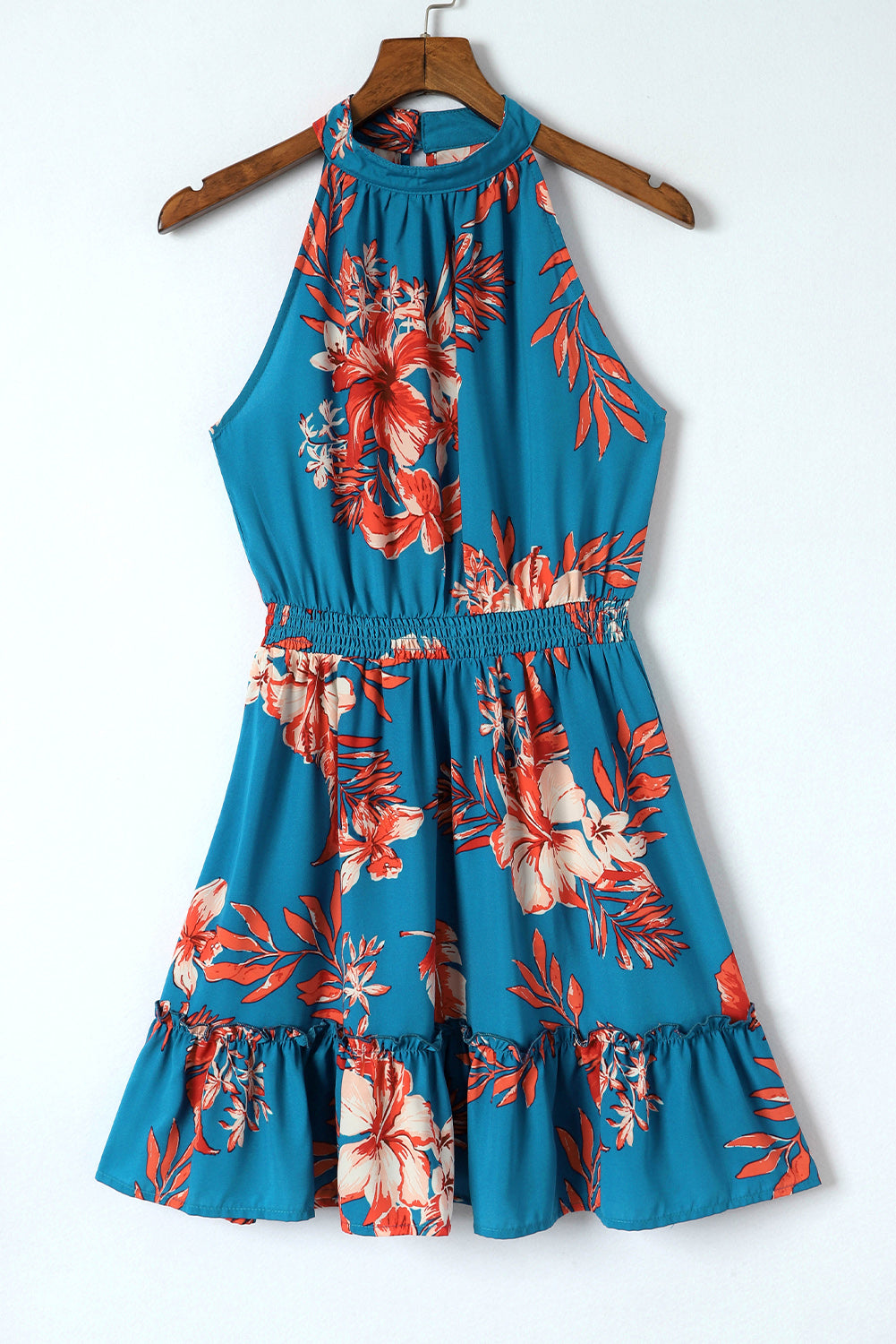 Sky Blue Floral Print Sleeveless Ruffled Short Dress