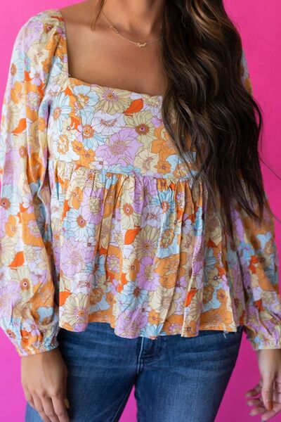 Smocked Printed Square Neck Balloon Sleeve Blouse