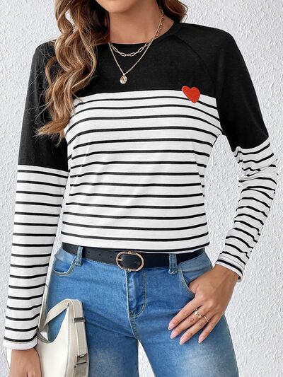 Heart Patch Striped Round Neck Long Sleeve T-Shirt