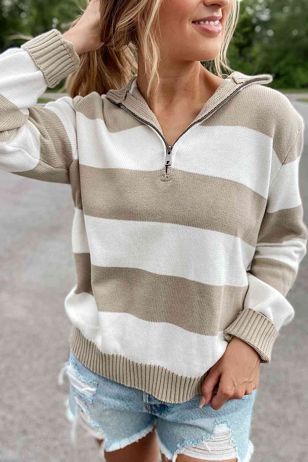 Striped Quarter-Zip Collared Sweater