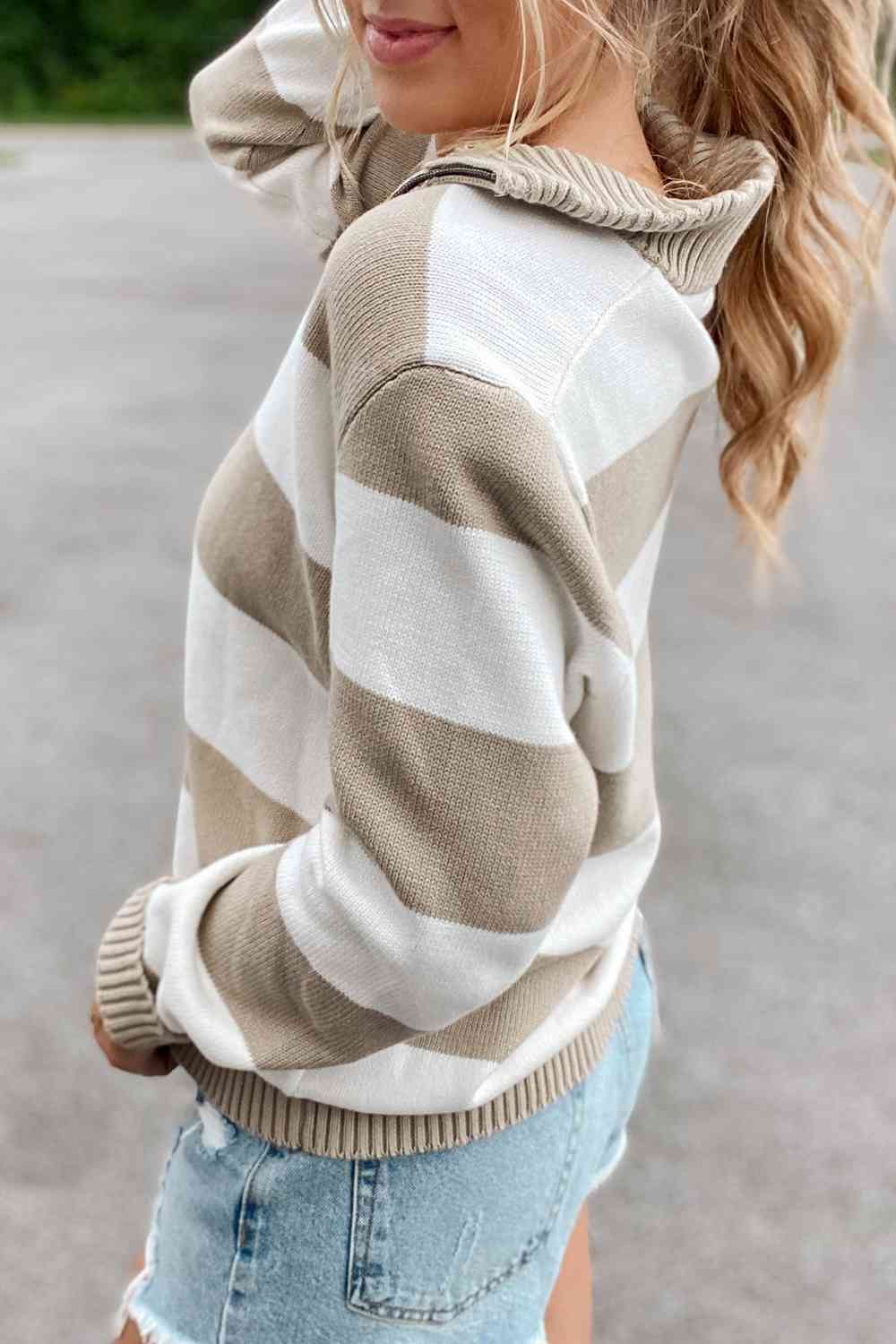 Striped Quarter-Zip Collared Sweater