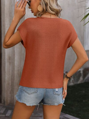 Pocketed Round Neck Cap Sleeve Sweater