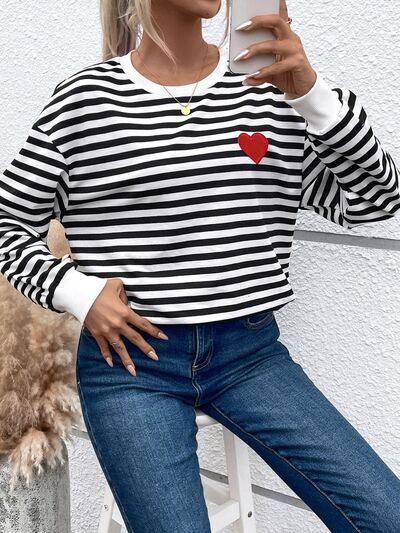 Heart Patch Striped Round Neck Long Sleeve Top