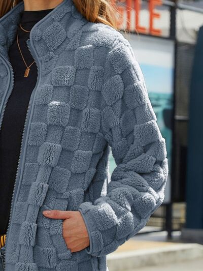 Fuzzy Checkered Zip Up Jacket